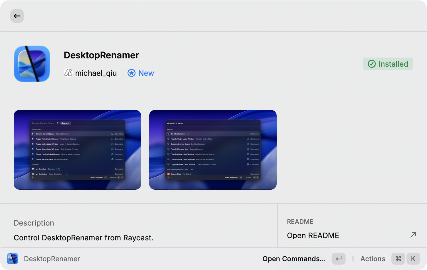 The DesktopRenamer Raycast extension page with its commands and screenshots